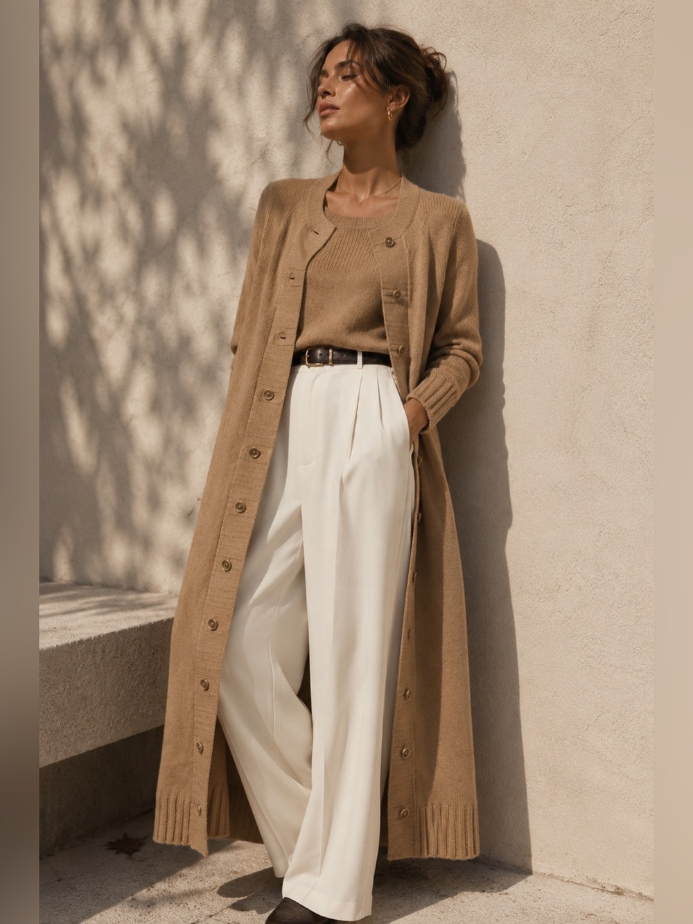 Venus Long Cardigan Sweater Duster Tan Button Front Size Large